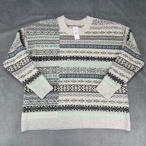 Loft Patchwork Fair Isle Knit Sweater Blue Teal Gray Brown Ivory Womens Size XXL